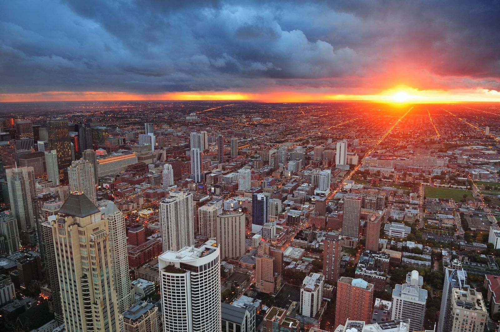 Chicago skyline at sunrise, seen from the South Side