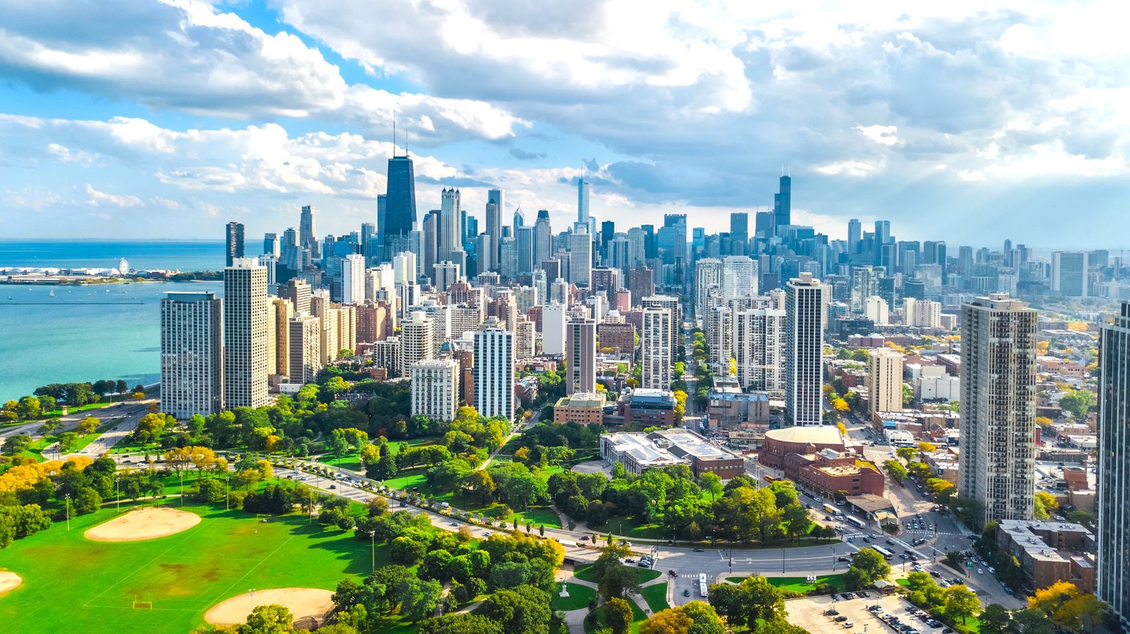 Chicago skyline over rooftops